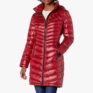 Calvin Klein Women’s Red Walker Packable Jacket with Hood and Stand Collar